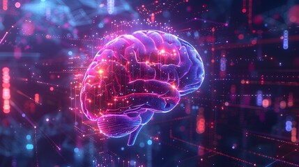Poster - futuristic glowing brain with holographic data streams and abstract geometric patterns