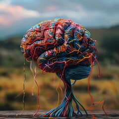 Poster - Brain Made of Wires and Cables Pulsating with Electric Currents in Tech Landscape