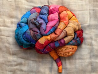 Poster - Vibrant Textile Brain Concept with Woven Fabric and Threads in Style Depicting Creativity and Intelligence