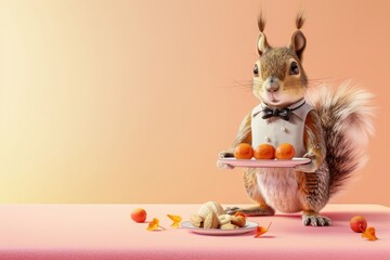 Wall Mural - A squirrel is sitting on a table with a tray of food