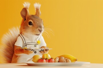 Wall Mural - A squirrel is sitting on a table with a tray of food