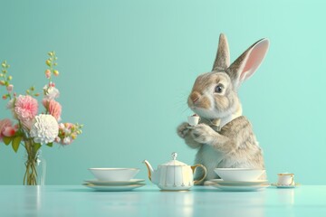Wall Mural - A rabbit in a tea party setting with a vase of flowers and a teapot