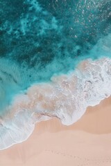  Beach top view, beautiful seashore, sand and blue waves. drone shooting, natural background. Copy the space on the sand, free space for your design