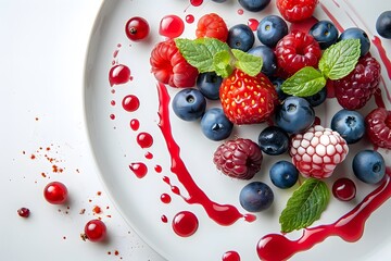 Wall Mural - Plate of mixed berries with raspberry sauce