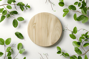 Round wooden cutting board is placed in the center of white surface, surrounded by fresh green leaves. Provides a natural and fresh aesthetic, perfect for kitchen or culinary themes