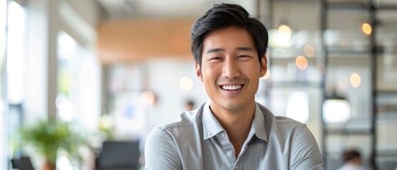 Wall Mural - Young smiling Asian businessman in white office banner background