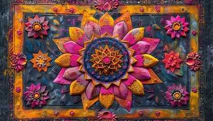 Warm mandala carpet with bright colors painted with chalks