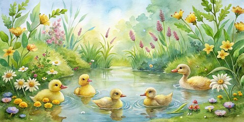 Wall Mural - Tranquil watercolor painting of ducklings swimming in a pond surrounded by lush vegetation and wildflowers, Ducklings, Pond