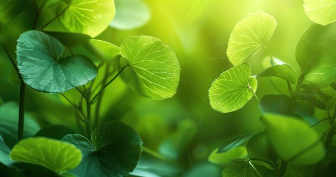 Natural background borders with fresh juicy leaves, with soft focus, outdoor in nature in wide format sunlight, copy space the atmospheric in green tones.