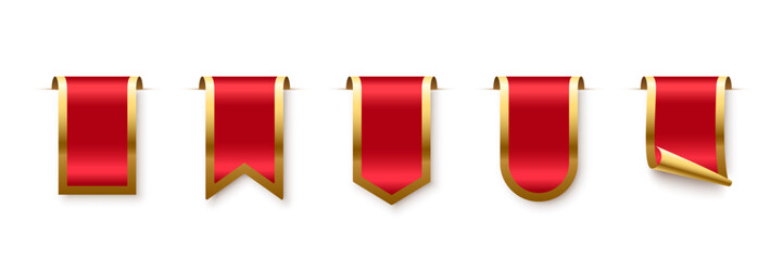 Poster - Red tag with golden frame set vector icons. Sales promotion banners, labels, ribbons collection for online shopping. 3d realistic web element for promotion, discount, best seller product on white