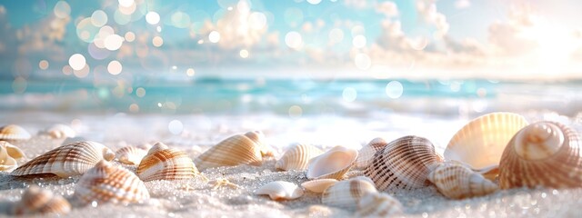 Wall Mural - View of the beach with shells scattered on the white sand against the backdrop of the beautiful blue sea and soft, warm sunlight