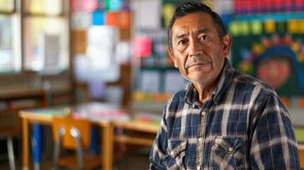 The close up picture of the hispanic teacher, educator or instructor sitting in classroom of school, the educator require skills like classroom management, lesson planning and teaching skill. AIG43.