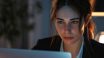 A Businesswoman Using A Laptop In An Office, Her Face Showing Concentration And Efficiency
