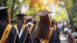 © MobiWall - Rear view of university graduates wearing graduation gown and cap on commencement day, celebrating academic achievement.
