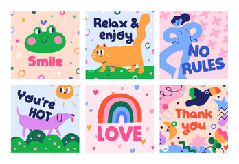 Poster - Funny cute card designs set. Abstract square backgrounds with creative doodle adorable comic art in modern trendy style. Colorful postcards, positive happy phrases. Flat graphic vector illustrations