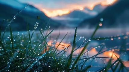 Sticker - View of lush grass growing beside a lake with clear water and beautiful mountains in the background.