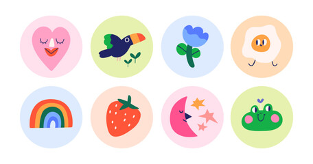 Aufkleber - Cute icons, circle stickers designs set. Comic heart, flower, rainbow, bird and egg characters in whimsical funny charming kawaii style. Flat vector illustration isolated on white background