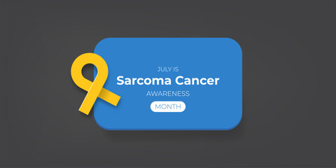 Wall Mural - Sarcoma cancer awareness month concept horizontal banner design template with yellow ribbon and text isolated on grey background. July is Sarcoma cancer awareness month vector flyer or poster