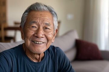Wall Mural - Portrait of a tender asian man in his 70s smiling at the camera in crisp minimalistic living room