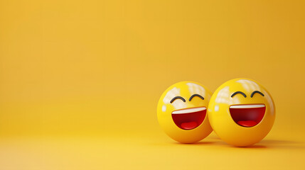 Happy emoticons 3d rendering, on side corner border, isolated yellow background