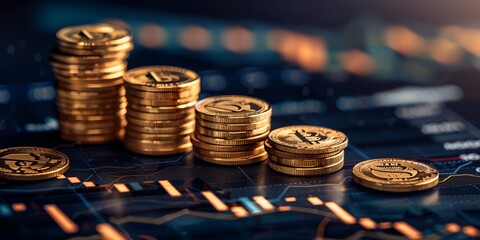 Poster - A stack of gold coins on a table with a graph in the background. The coins are arranged in a pyramid shape, with the top coin being the largest