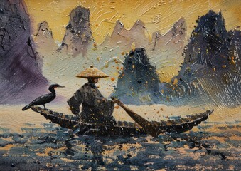 Wall Mural - The fisherman catches fish with cormorant
