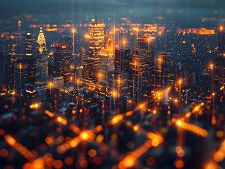 Wall Mural - Mesmerizing Aerial View of Glowing City Skyline at Night with Captivating Grid Pattern