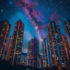 Wall Mural - Vibrant Cityscape under Starry Night Sky   Futuristic Metropolis with Glowing Skyscrapers