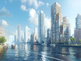 Wall Mural - Stunning Cityscape with Soaring Skyscrapers and Bustling Waterfront Highlighting the Dynamic Urban Landscape