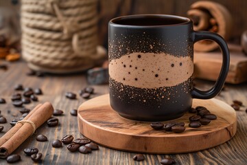 A beautiful modern mug of invigorating black coffee with coffee beans on a wooden background. Place for the label. The concept of hot drinks