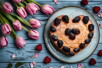 Wall Mural - Close-up heart cake berries plate