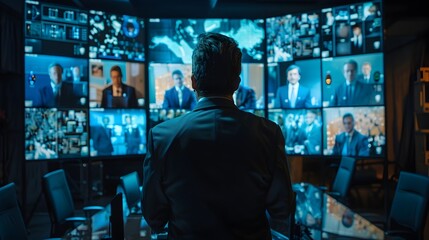 Poster - Business Leader Guiding Global Virtual Meeting with Screens of Participants