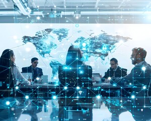 Poster - Business Leaders Strategizing with Global Team via Video Conference Showcasing Remote