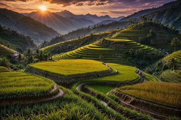Wall Mural - a breathtaking image of terraced rice fields in a mountainous region during golden house sunset in m