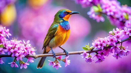 Poster - Colorful bird perched on branch surrounded by purple flowers, bird, colorful, branch, flowers, nature, vibrant