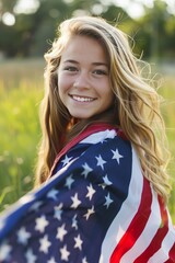 Wall Mural - smiling blonde girl with america flag