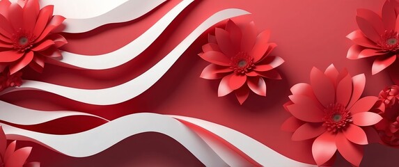Wall Mural - red theme flowers wave layers solid d abstract background banner with copy space