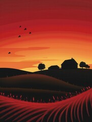 Poster - A peaceful sunset scene with a farmhouse silhouette on rolling hills. Perfect for agritourism and farm product promotions. Generative AI