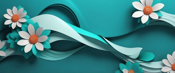 Wall Mural - teal theme flowers wave layers solid d abstract background banner with copy space