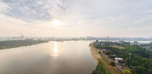Sticker - Antwerp, Belgium. Panorama of the city. River Scheldt (Escout). Summer morning. Industrial area. Aerial view