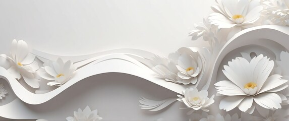 Wall Mural - white theme flowers wave layers solid d abstract background banner with copy space