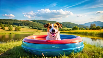 Wall Mural - Happy dog enjoying a summer vacation in the countryside, swimming in an inflatable pool , Dog, happy, summer