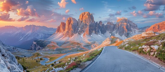 Wall Mural - Winding Road Through Majestic Dolomites at Sunset
