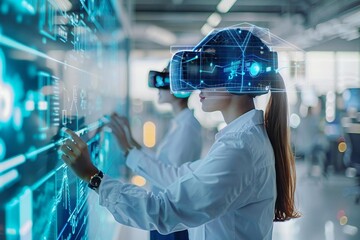 Poster - team of AI-assisted holographic digital analysts collaborate on a futuristic data visualization platform in a remote workspace.