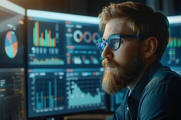 Poster - innovative holographic screens display real-time kpi data for a beautiful analyst in eyeglasses with