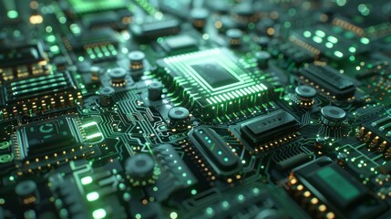 Poster - Top view, Artificial General Intelligence as a super computer made up of many chips and electronic circuits, glowing chip, green digital and futuristic, C4D