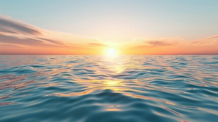 Poster - A peaceful ocean scene with the sun setting below the horizon, casting warm colors on the water. Generative AI