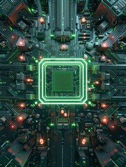 Poster - Top view, Artificial General Intelligence as a super computer made up of many chips and electronic circuits, glowing chip, green digital and futuristic, C4D