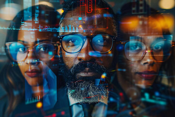 Poster - Futuristic workspace with holographic screens displaying agile software projects being managed by a diverse team of beautiful individuals, including an executive with a well-groomed beard.