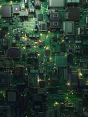 Poster - Top view, Artificial General Intelligence as a super computer made up of many chips and electronic circuits, glowing chip, green digital and futuristic, C4D